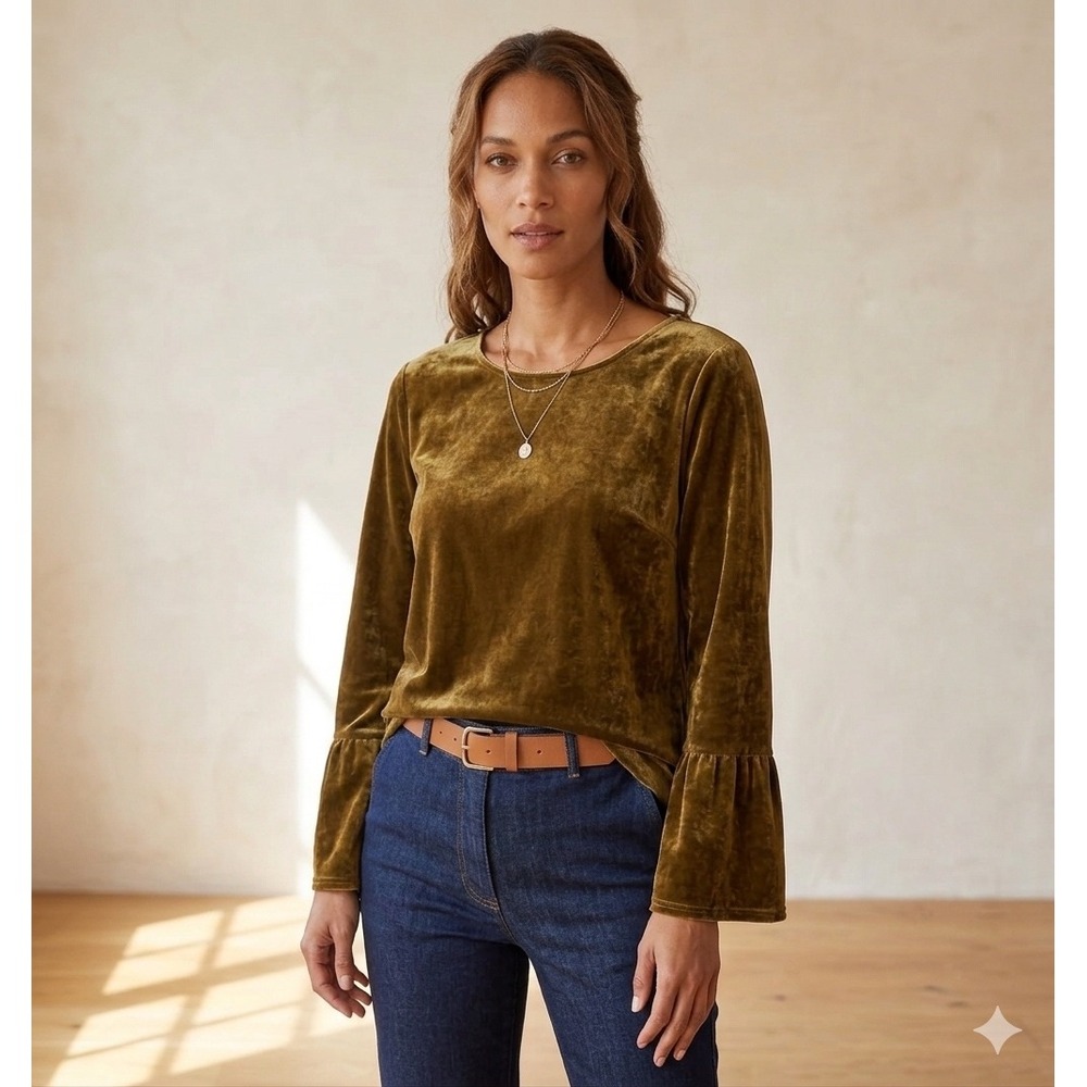Habitat Velvet Scoop Neck Shirt Blouse‎ Flutter Sleeves Gold Small Fairy Grunge